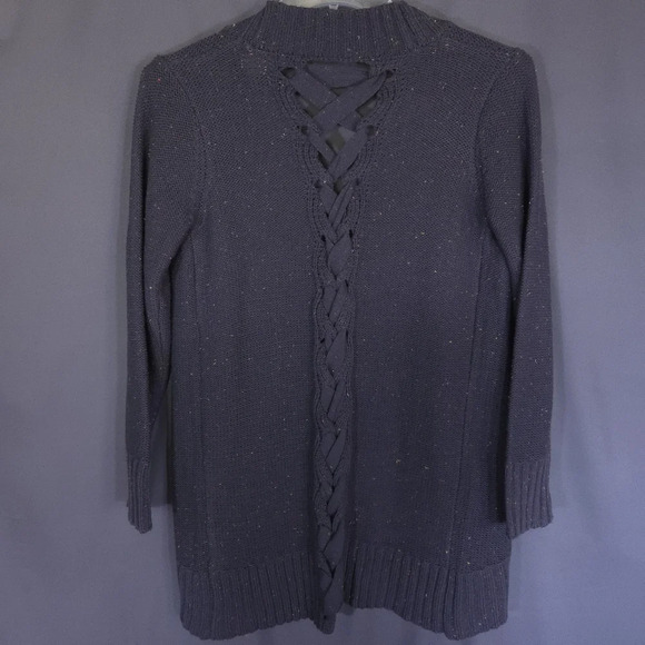 True‎ Craft Lace Up Back Open Cardigan Size Medium Gray with Rainbow Flecks - Picture 6 of 7